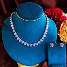 Romantic Silver Plated CZ Heart Necklace Earrings Pink Engagement Jewelry Set