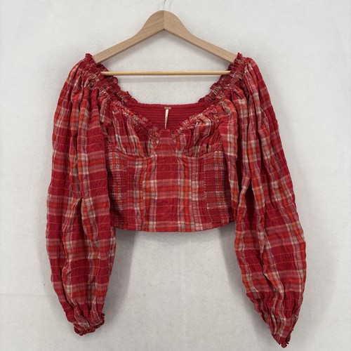 Free People Cherry Bomb Blouse Womens XS Red Plaid Off Shoulder Crop Babydoll