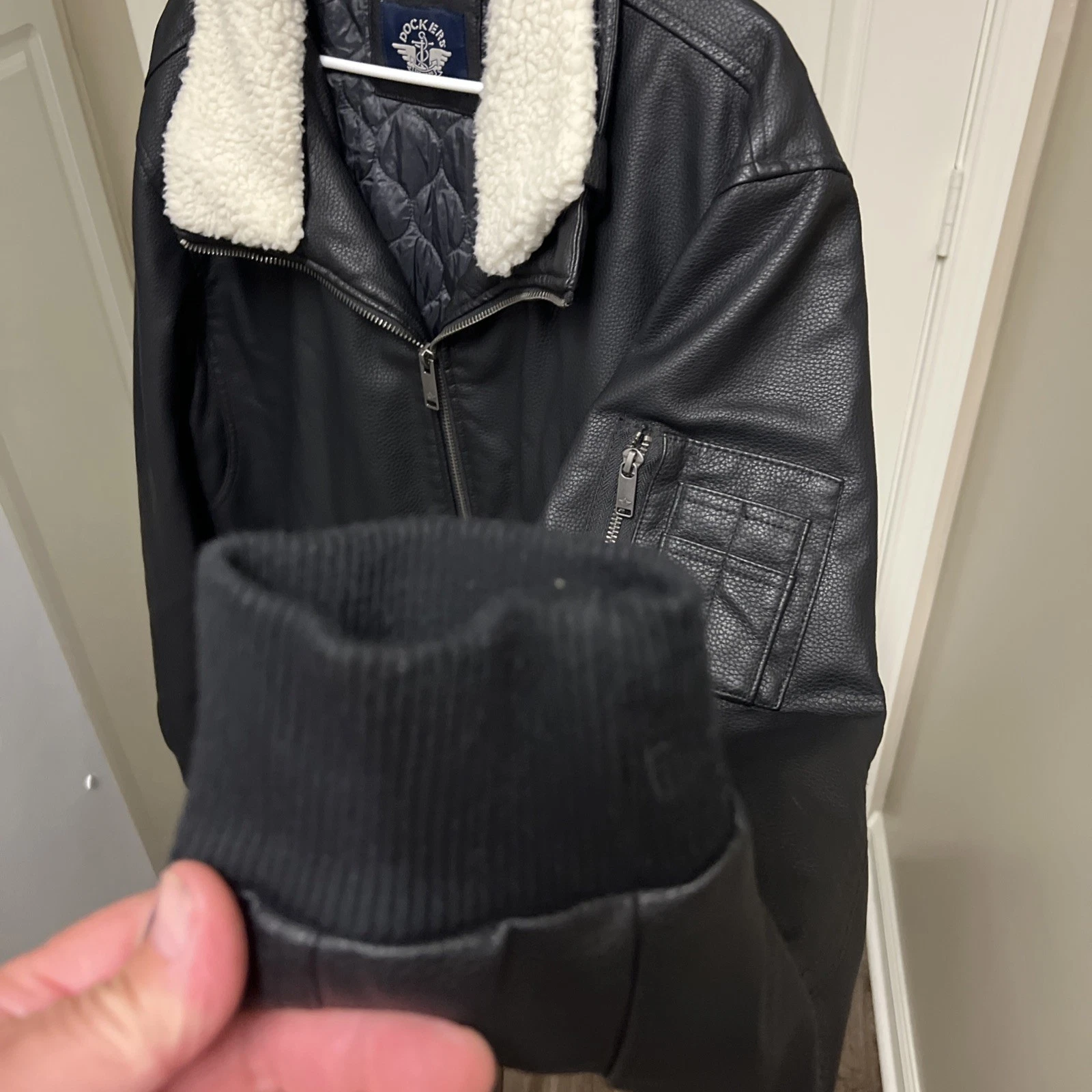 Dockers Mens Black Bomber Coat Jacket XXL Faux Leather Removable Fur Collar image 4