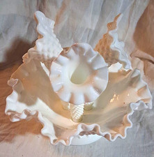 White Milk Glass Ruffled Pedestal Flower Vase Centerpiece, 3 Taper Slots