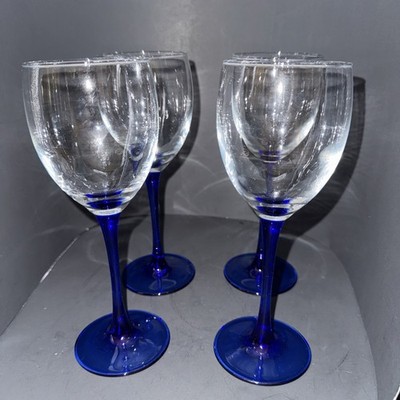 4 Luminarc France Crystal Wine Glasses Clear Bowl Cobalt Stem 7 3/4 
