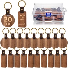 20 Pcs Blank Wooden Keychains Leather Keychains for Engraving Blanks Keychain...