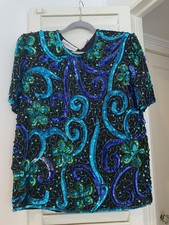 NIGHT VOGUE Vintage Sequin  Beaded Top Glam L Disco 80s 90s