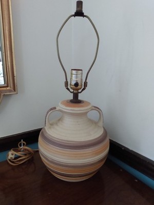 Vintage MCM Earthtones Table Desk Office Jug Lamp Brown Beige Orange Beige Round