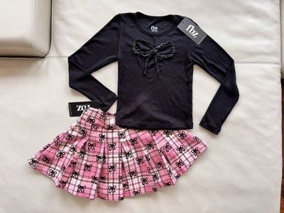 NWT FLOWERS BY ZOE FBZ Girls Pink Plaid Bow Skort & LS Top Outfit Size 6x $125