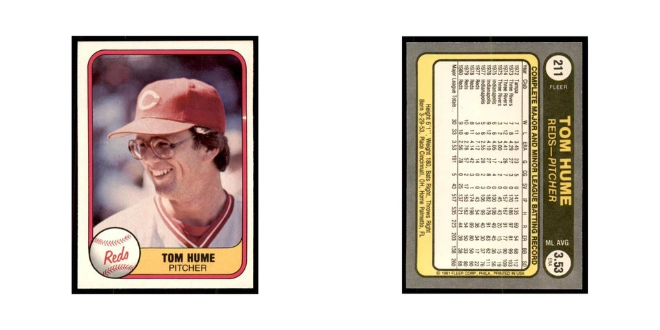 1981 Fleer Tom Hume Baseball Cards #211 - Image 3 of 3