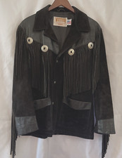 VTG Schott NYC Black Suede/Tooled Leather w/Conchos/Fringe Jacket Unisex 40 USA