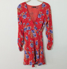 Zara Floral Print Wrap Mini Dress Long Ruched Sleeve Side Tie Red Blue Small S