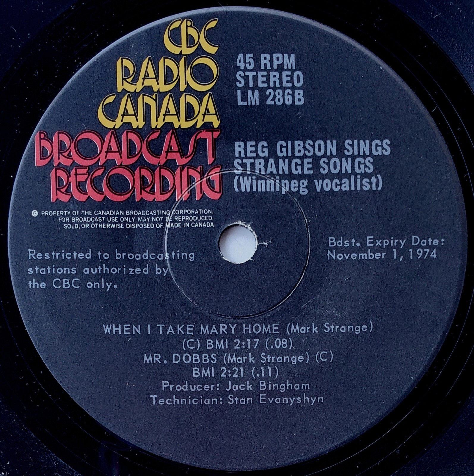 Listen Strange Reg Gibson Sings Strange Songs 45 Canada CBC Radio Transcription - HEAR ...