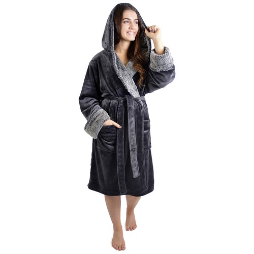 Ladies Soft Luxury Fleece Fur Cable Robe,Sherpa Hooded Dressing Gown, 8-22, Gift - Picture 3 of 6