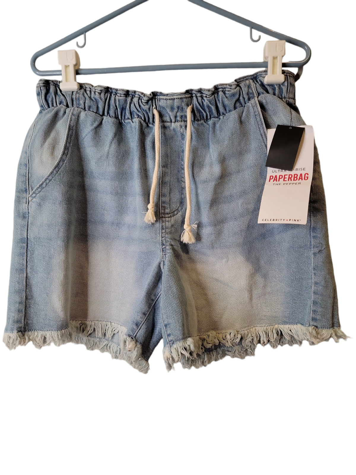 Pantalones cortos de jean para mujer Celebrity rosa mediano ultra alto bolso de papel dobladillo deshilachado nuevos con etiquetas