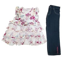 Calvin Klein Jeans Girls 2PC Floral Ruffle Tank Top Denim Jeans Outfit Set 6 6X