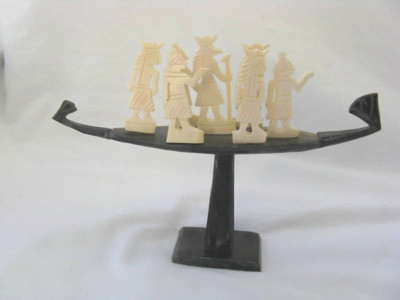 Egyptian Camel Bone Buffalo Horn Base Hand Carved Unique Pharaoh Boat 5.5 X7.75''