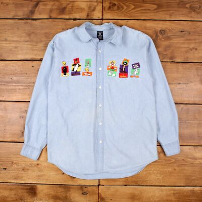 Vintage Warner Bros Loony Tunes Hemd Knopf L 90er Herren Langarm Blau Einfarbig
