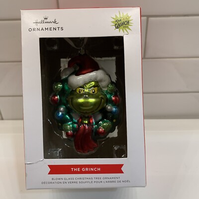 Hallmark GRINCH WREATH Santa Hat BLOWN GLASS Christmas Ornament New  Seuss