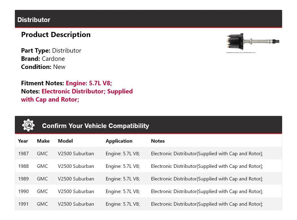 For 1987-1991 GMC V2500 Suburban 5.7L V8 Distributor Cardone 1988 1989 1990 - Image 2 of 4