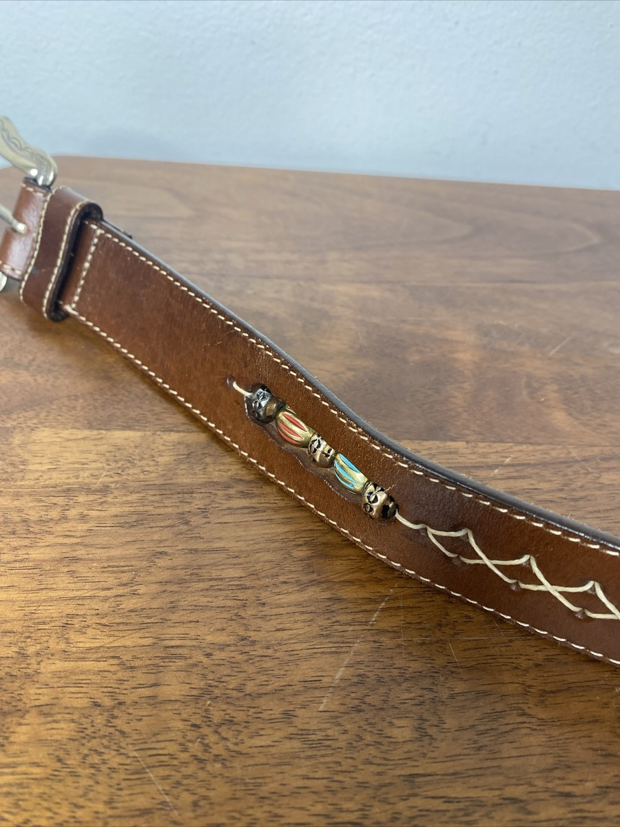 Brighton Brown Leather Belt Western Silver Beaded Whip 