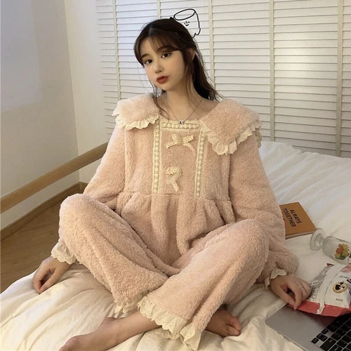 Women Winter Two-Piece Set princess Sweet Bow-Knot Ruffled Loose Plush Pajamas H - Picture 2 of 17