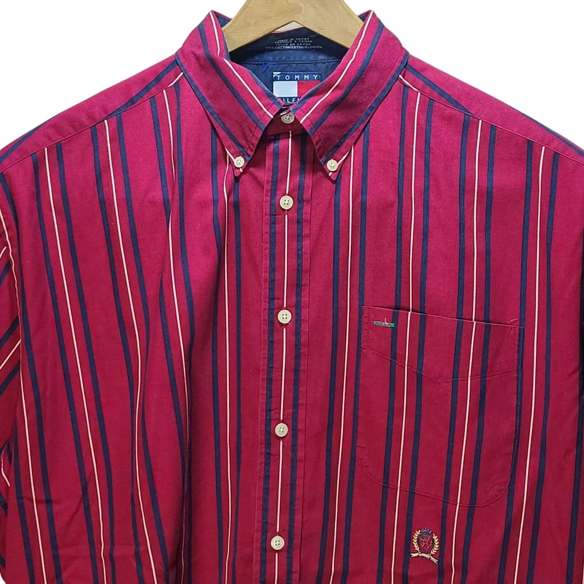 VINTAGE TOMMY HILFIGER RED STRIPE SHORT SLEEVE BUTTON DOWN SHIRT
