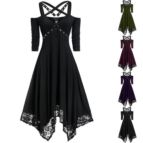 Women Punk Victorian Gothic Midi Dress Cold Shoulder Lace Hollow Party Dresses