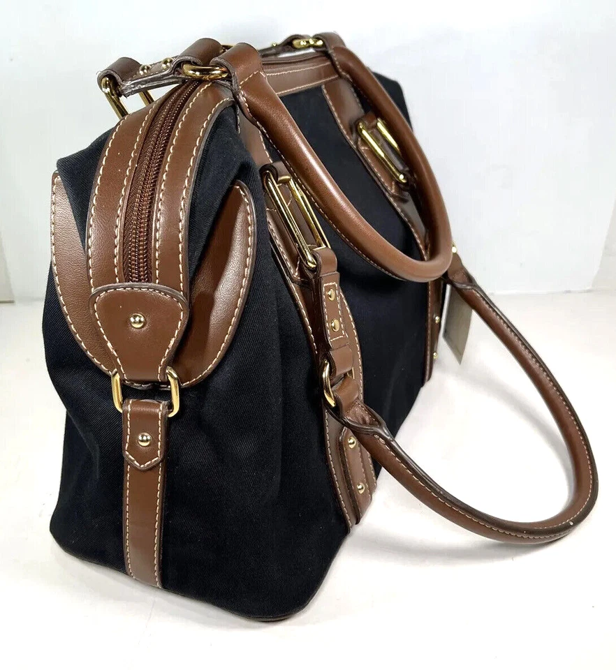 Bolsa satchel Etienne Aigner Saville coleção preta algodão marrom acabamento em couro sintético - Imagem 4 de 4