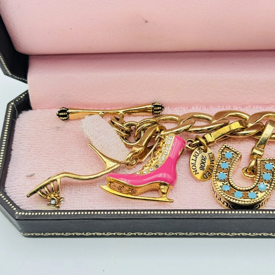 Juicy Couture Gold Charm Bracelet Diary Carriage Heart J U Banana Skate Heel Y2K - Image 3 of 4