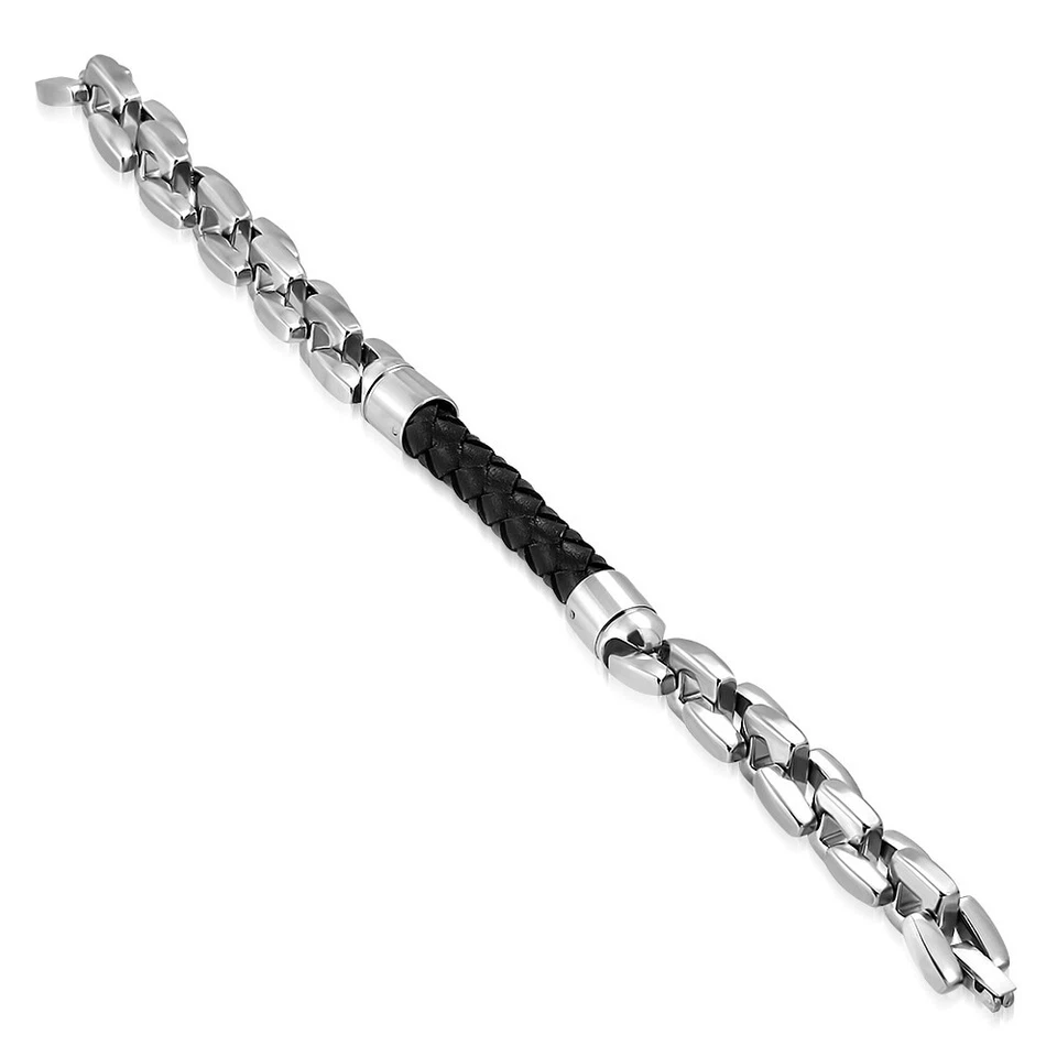 Stainless Steel Silver-Tone Braided Black Faux Leather Link Bracelet, 8.5" - Image 2 of 2