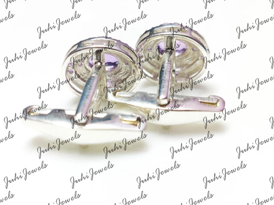 Gemelli In Argento Con Ametista Ovali 5X7 Mm Per Uomini Gemelli Da Matrimonio - Immagine 4 di 4