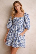 Abercrombie Fitch Dress LT Emerson Blue Floral Babydoll Puff Sleeve Cottagecore