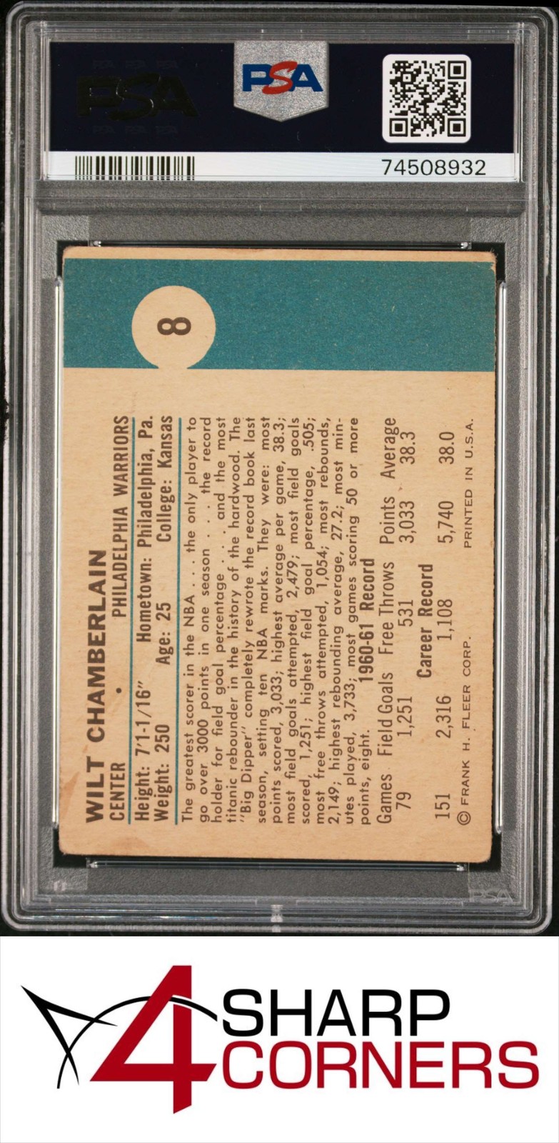 1961 FLEER #8 WILT CHAMBERLAIN RC WARRIORS HOF PSA 2 view 2