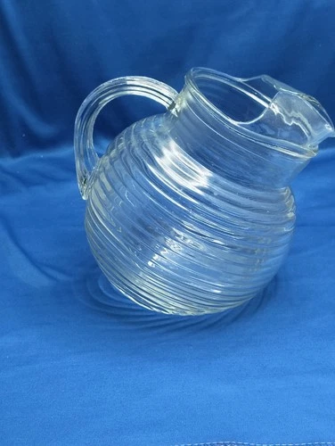 Vintage (1970's) Anchor Hocking Clear Glass Pitcher Ribbed Ball Tilt