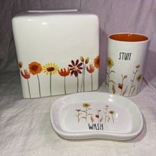 RAE DUNN Artisan Collection Magenta Floral Soap Dish Tissue Holder Stuff Set 3