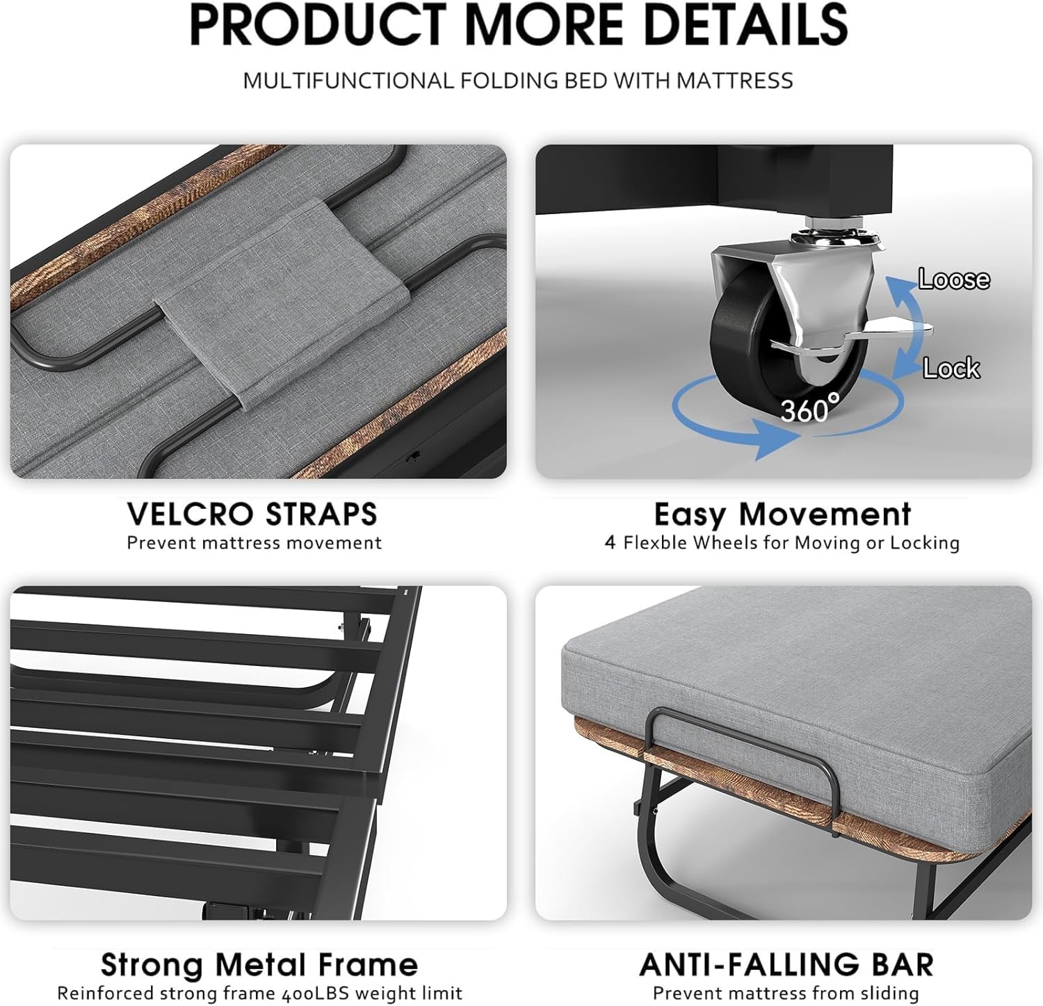 Double-sided Portable Foldable Bed Guest Bed with Memory Foam Mattress Rollaway