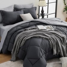 Queen Dark  Light Grey Reversible Comforter Set 7 Piece Soft All Season