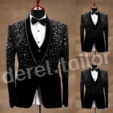 Men 3 Pcs Suit Rhinestone Shawl Lapel Jacket Vest Pants Wedding Formal Tuxedo