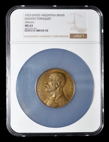 NGC MS63 1923 Argentina Ernesto Tornquist Brass Medal 50 mm
