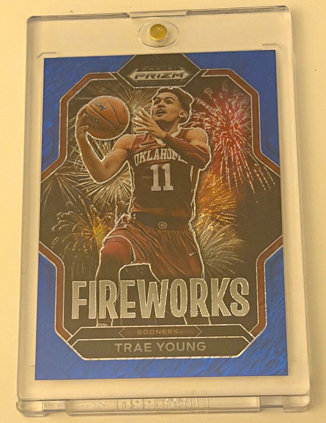 Panini 2023-24 Prizm Draft Picks Trae Young #19 Fireworks Blue Shimmer /19