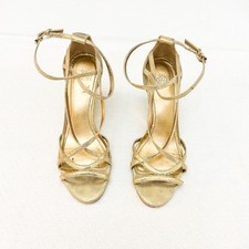 Badgley Mischka Belle Gold Metallic Cross Strap Wedge Open Toe Sandal Size 6