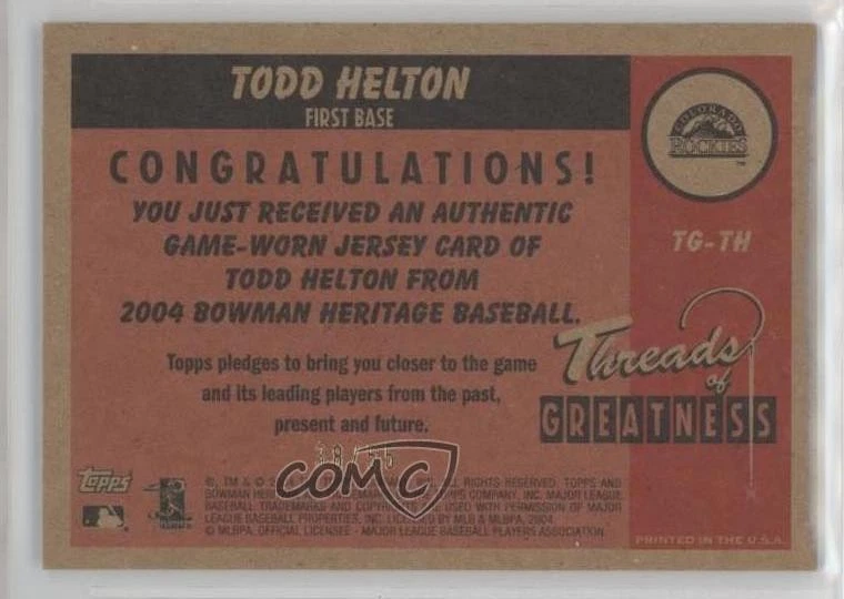 2004 Bowman Heritage Threads of Greatness Gold /55 Todd Helton #TG-TH HOF - Image 2 of 2