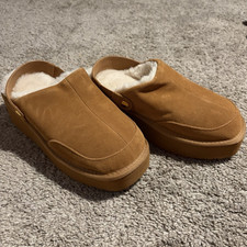 Joyspun Women s 8 Tan Suede Mule Slippers Faux Fur Lined Round Toe Slip-On
