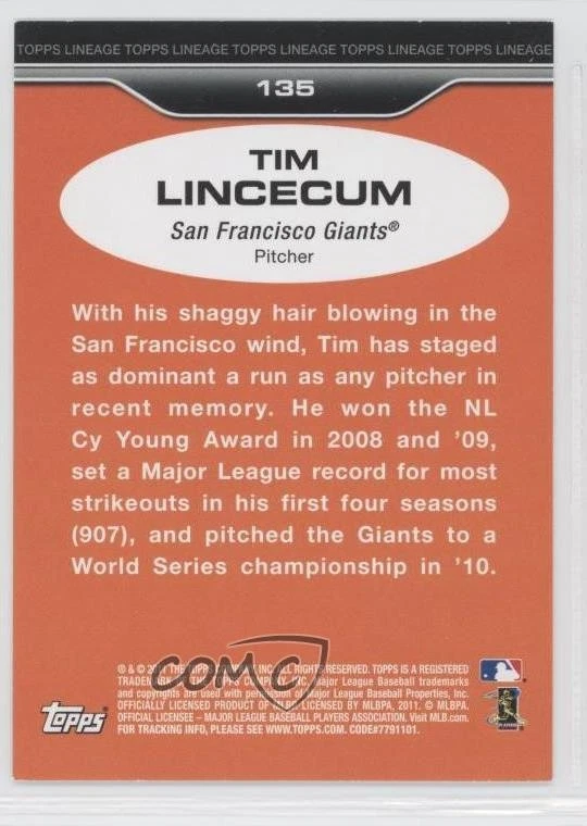 2011 Topps Lineage Tim Lincecum #135 - Image 2 of 2