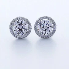Stud Earrings Halo Solid 14K White Gold 4.45 Carat Round Natural Diamond H SI2