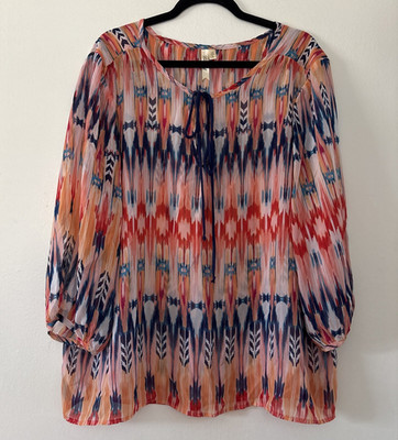 Western Top Plus 2X Boho Colorful Tie SS Balloon Sleeve Southwestern Sheer USA
