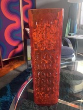 UNIQUE Tall MCM Vintage Blenko Tangerine SQUARE Bubble Vase w/ Etched Label