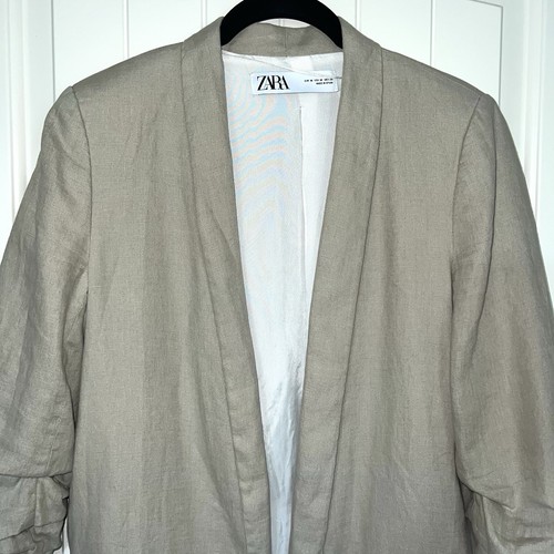 Zara Jacket Women's Medium Beige Blazer 100% Linen Open Front Scrunch Sleeve - Picture 2 of 18