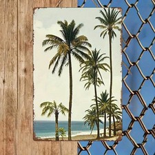 2D Flat  Vintage Palm Tree Beach Ocean Metal Tin Sign Tropical Coastal Wall Decor