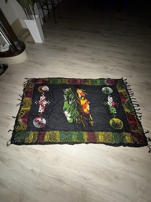 Vintage Bob Marley Fringed Portrait Graphic Art Tapestry Black Red Yellow Green 