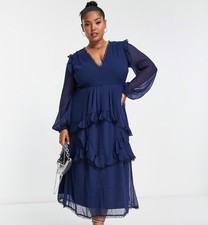 ASOS Design Curve Ruffled Tiered Navy Vneck A-Line Midi Dress Size 14