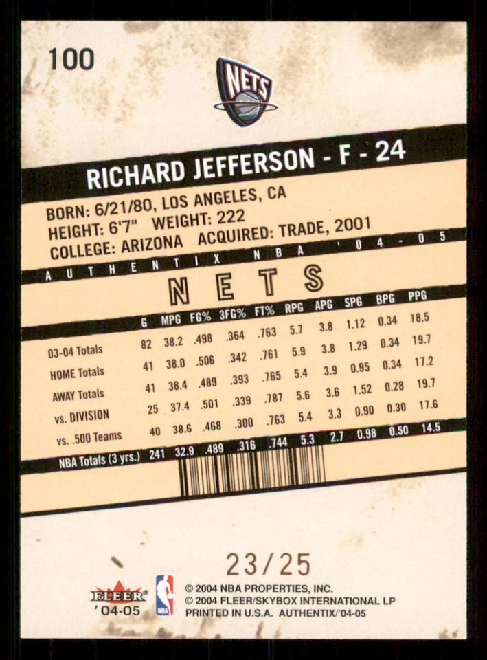2004-05 Fleer Authentix Parallel 25 #100 Richard Jefferson /25 - Image 2 of 2