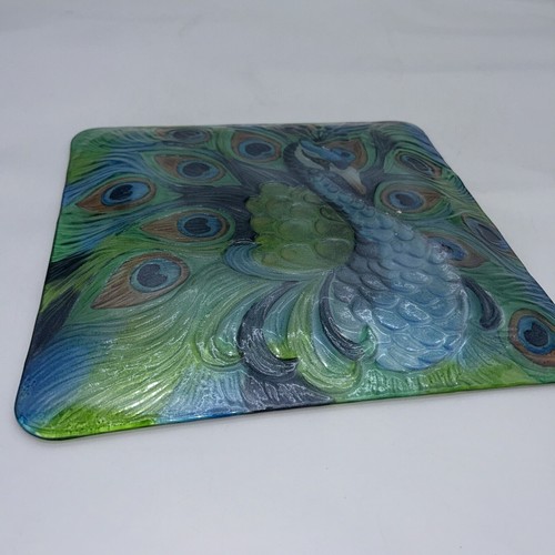 Hand Painted Peacock Art Glass Vivid Blue and Green Display Square Plate 12 x 12 - Picture 6 of 6